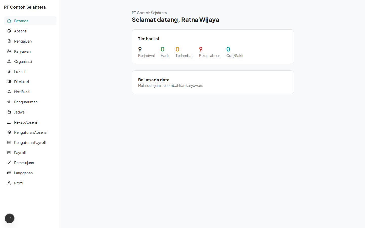 Beranda HR Admin menampilkan ringkasan tim hari ini