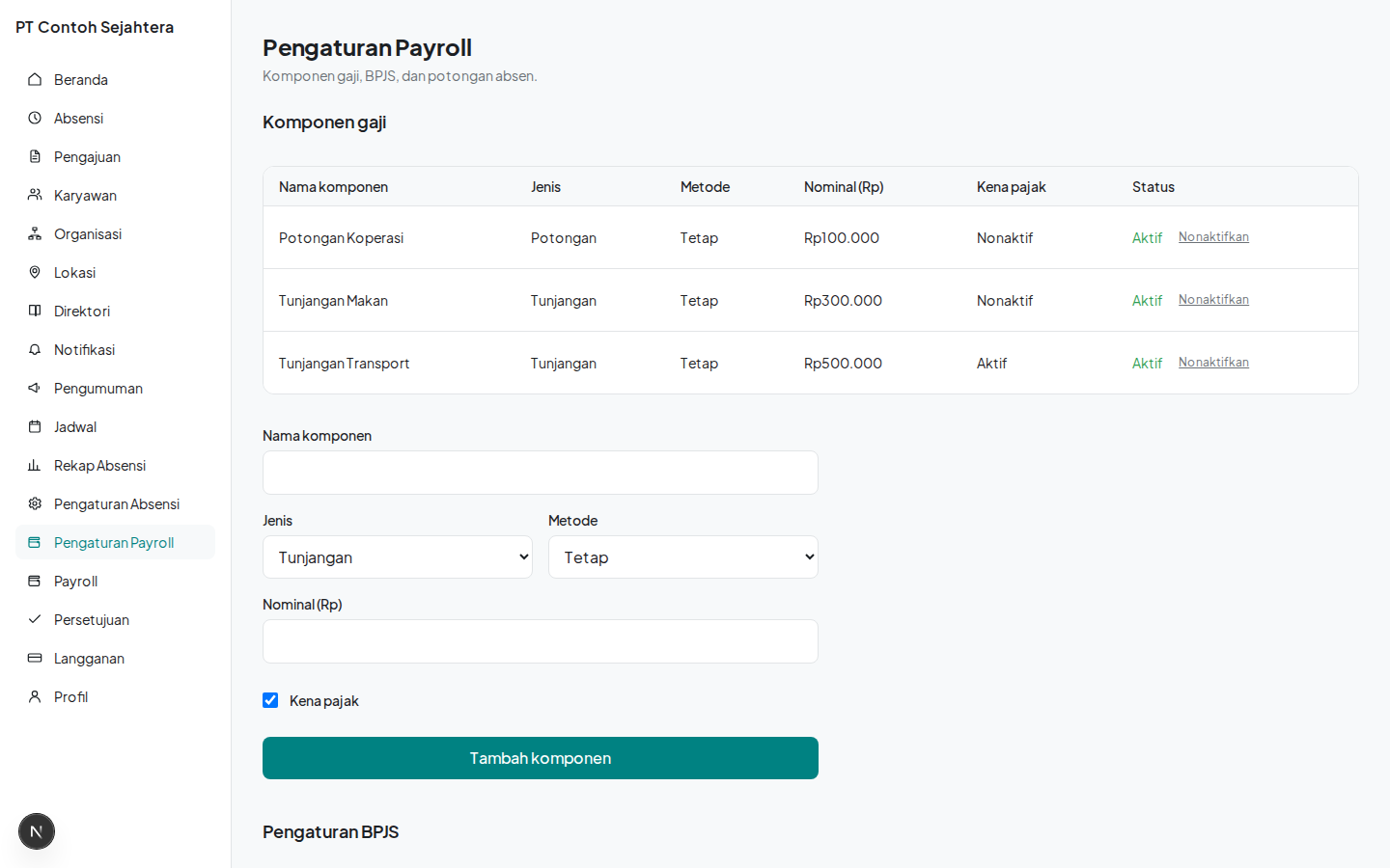 Halaman pengaturan payroll dengan komponen gaji dan BPJS