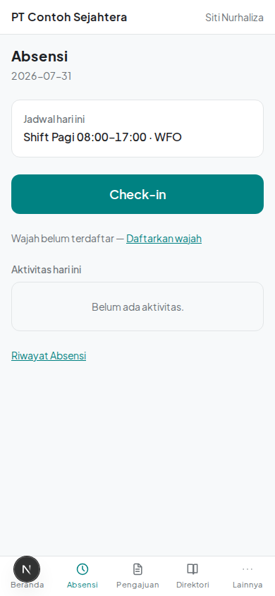 Halaman check-in absensi di tampilan mobile